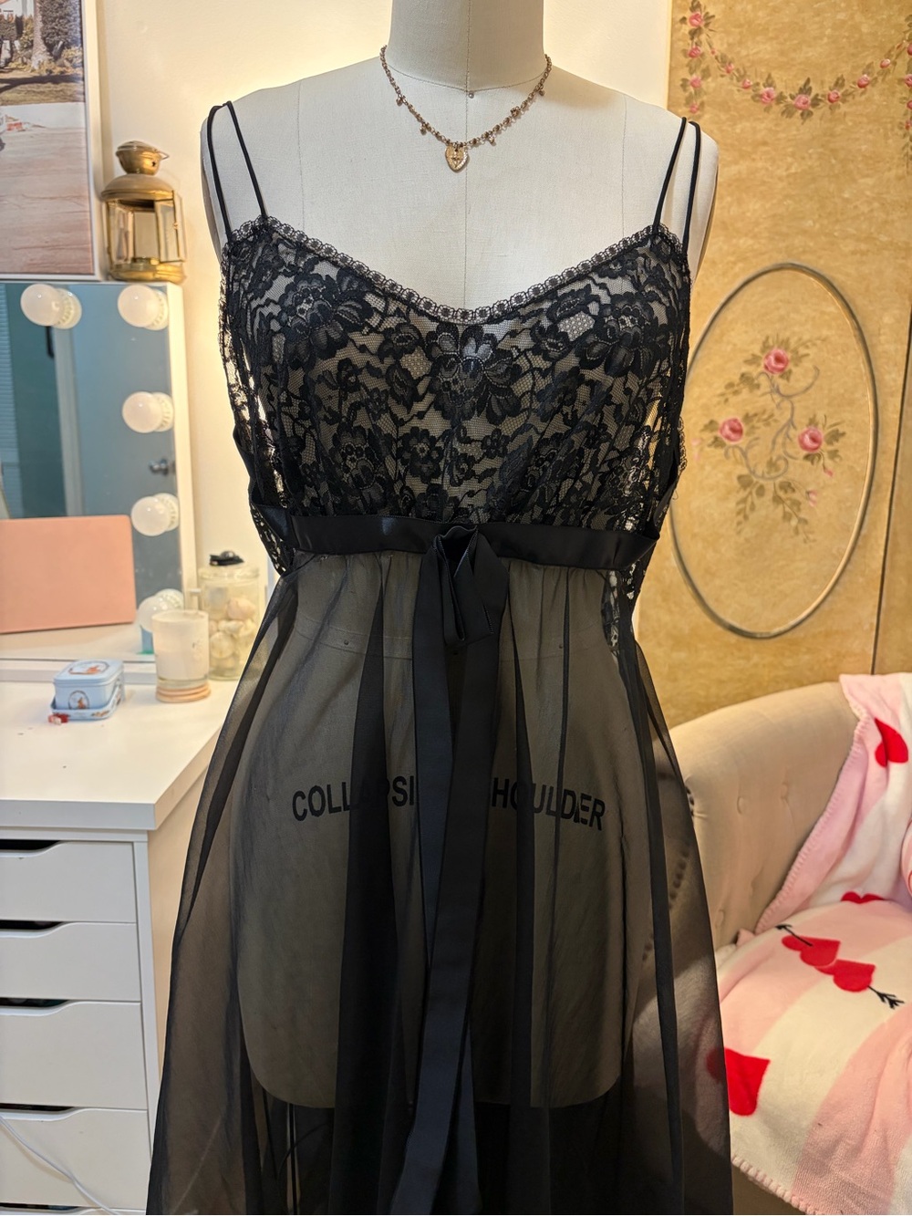 Vanity Fair Black Lace & Sheer Chiffon Chemise with Ribbon Waist
